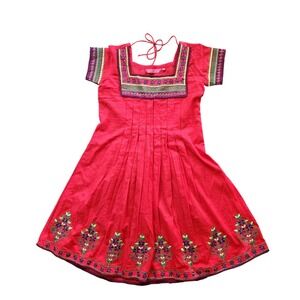 Haute Curry Embroidered A-Line Dress Women S Red Excellent Boho Floral Tie-Back